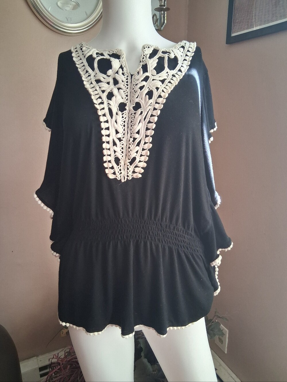 Cable & Gauge Black Tunic with Cream Crochet V-Neck